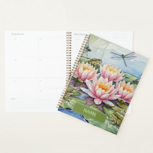 Elegant Water Lily Pond with Frogs & Dragonflies Planner
