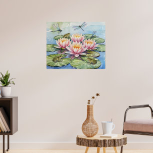 Elegant Water Lily Pond with Frogs & Dragonflies Poster