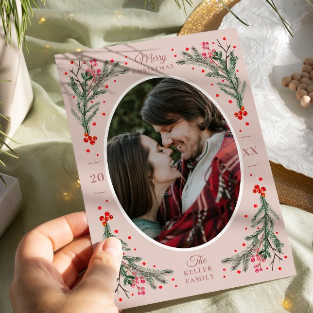 Elegant Watercolor 2 Photo Christmas Flat Blush Holiday Card (Creator Uploaded)