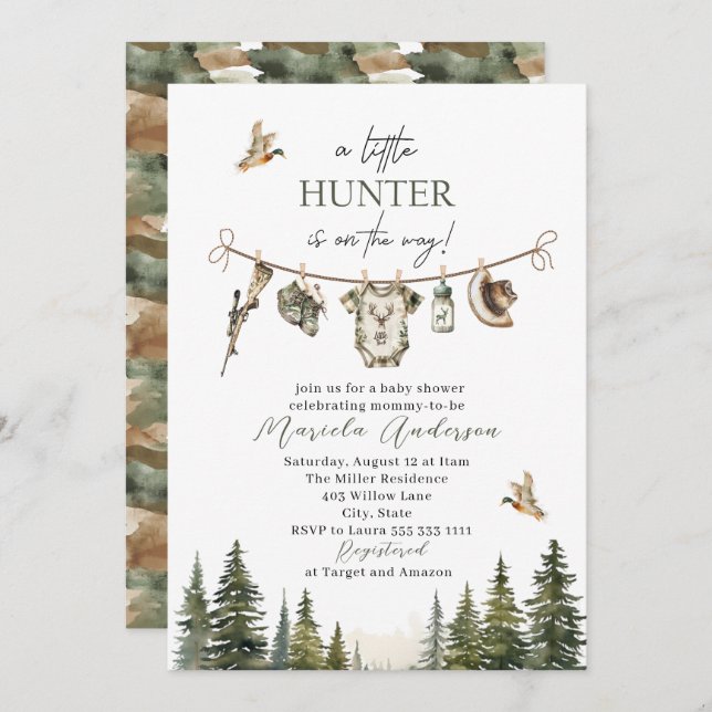 Elegant Watercolor A  little Hunter  Baby Shower Invitation (Front/Back)