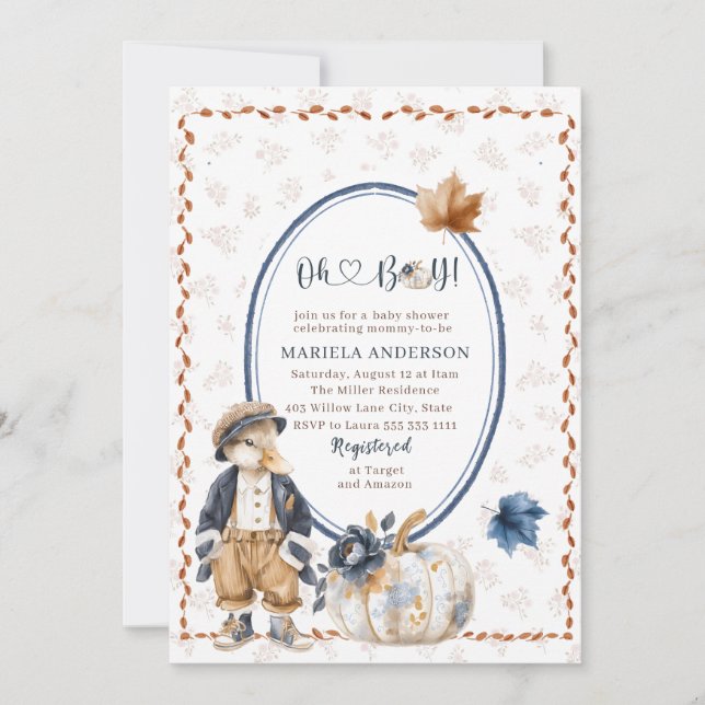 Elegant Watercolor A  little pumpkin oh boy  Baby  Invitation (Front)
