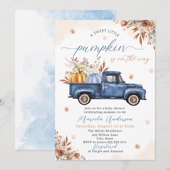 Elegant Watercolor a sweet little pumpkin Baby Sho Invitation (Front/Back)