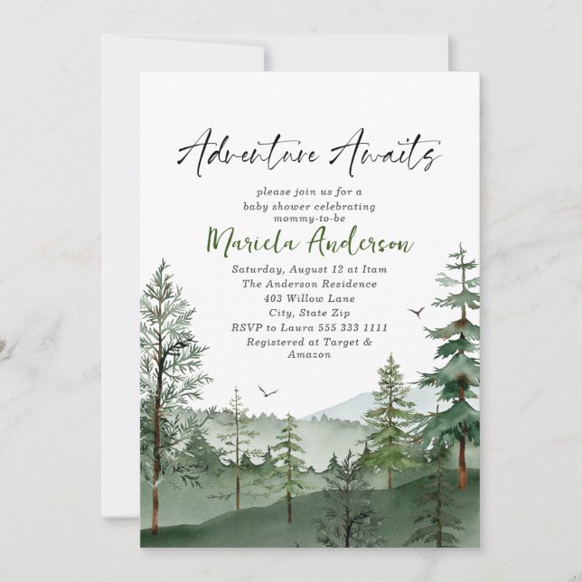 Elegant Watercolor  Adventure Awaits  Baby Shower Invitation (Front)
