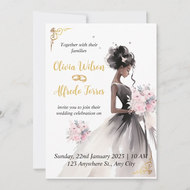 Elegant Watercolor African American Bride Wedding  Invitation (Front)