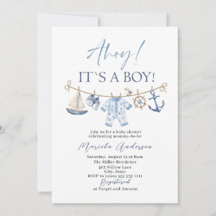 Elegant Watercolor Ahoy it is a Boy Baby Shower Invitation