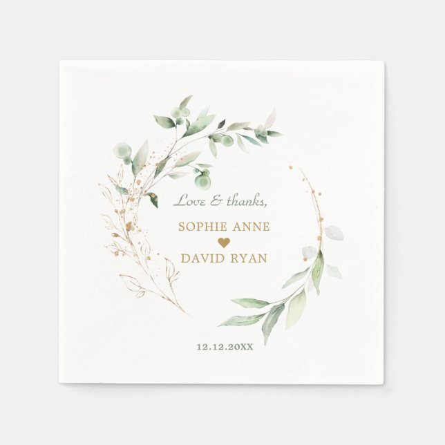 Elegant Watercolor Airy Leaves Gold Wedding  Napkin (Front)