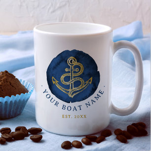 Elegant Watercolor Anchor Nautical Name Navy Blue Coffee Mug
