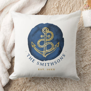 Elegant Watercolor Anchor Nautical Name Navy Blue Cushion