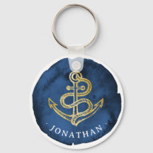 Elegant Watercolor Anchor Nautical Name Navy Blue