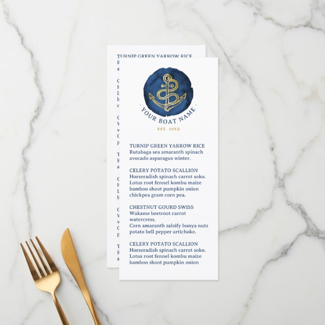  Elegant Watercolor Anchor Nautical Name Navy Blue Menu (Front/Back In Situ)