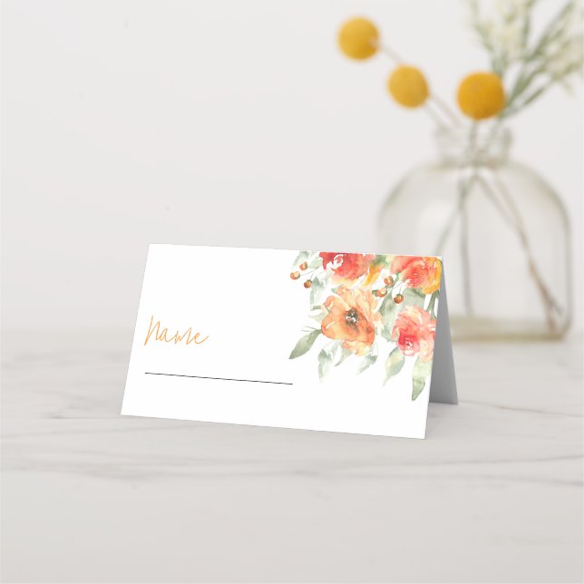 Elegant Watercolor Apricot Floral Place Card (Front)