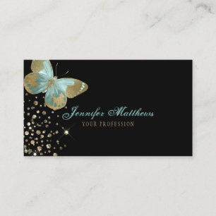 Elegant Watercolor Aqua & Gold Glitter Butterfly Business Card