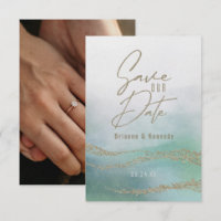 Elegant Watercolor Aqua Ocean & Gold Save the Date