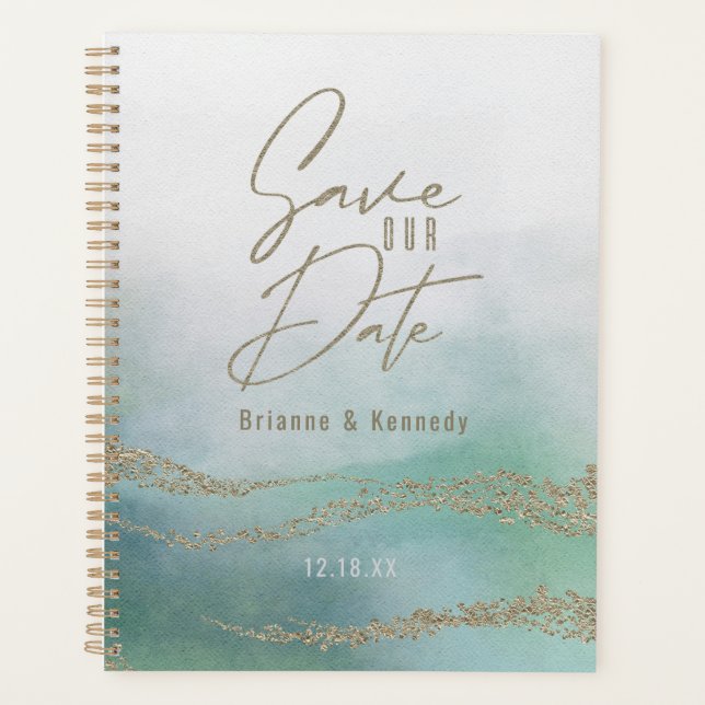 Elegant Watercolor Aqua Ocean & Gold Save the Date Planner (Front)