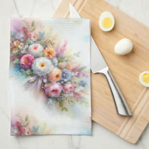 Elegant Watercolor Aquarell Flowers Pastel Colors Tea Towel