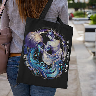 Elegant Watercolor Aquarius Zodiac Black Tote Bag