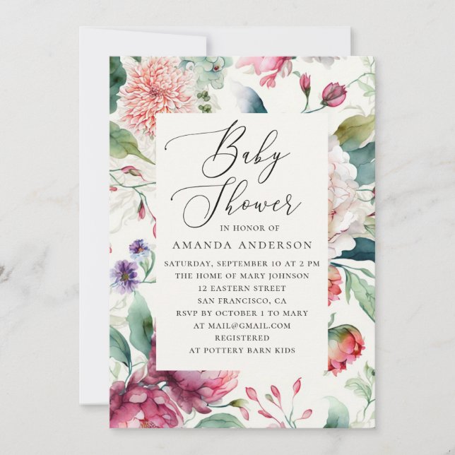 Elegant watercolor asian boho floral baby shower invitation (Front)