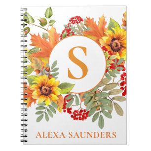Elegant Watercolor Autumn Floral Monogrammed Notebook
