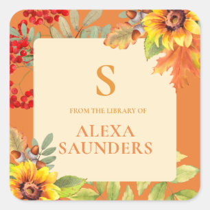 Elegant Watercolor Autumn Floral Monogrammed  Square Sticker