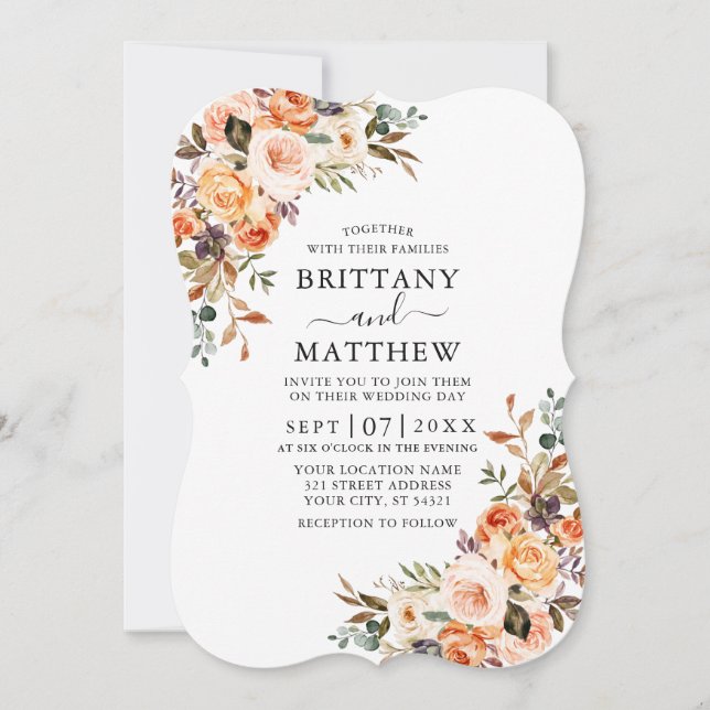 Elegant Watercolor Autumn Floral Wedding Invitation (Front)
