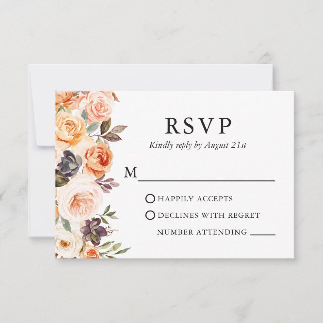 Elegant Watercolor Autumn Floral Wedding  RSVP Card (Front)