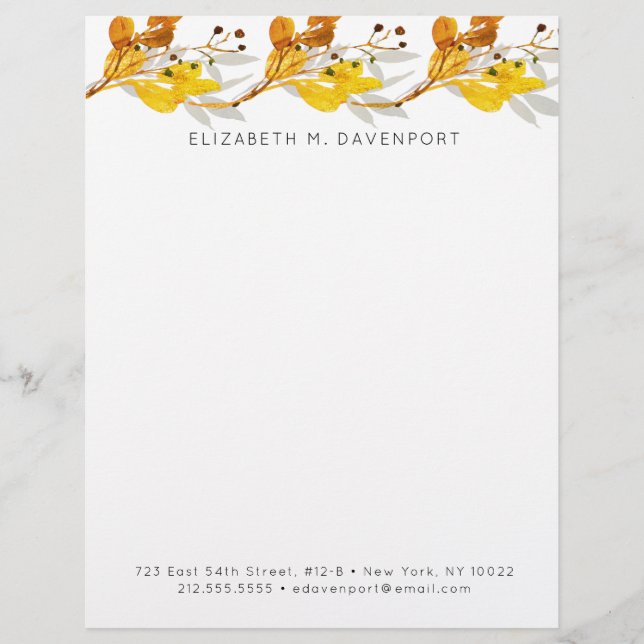 Elegant Watercolor Autumn Foliage Letterhead (Front)