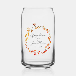 Elegant Watercolor Autumn Leaves Custom Wedding Can Glass