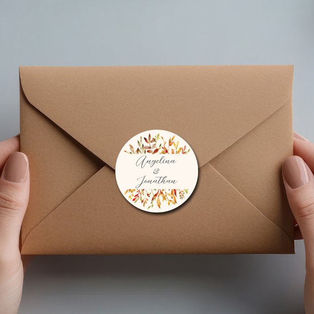 Elegant Watercolor Autumn Leaves Custom Wedding Classic Round Sticker (Creator Uploaded)