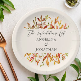 Elegant Watercolor Autumn Leaves Custom Wedding Paper Plate