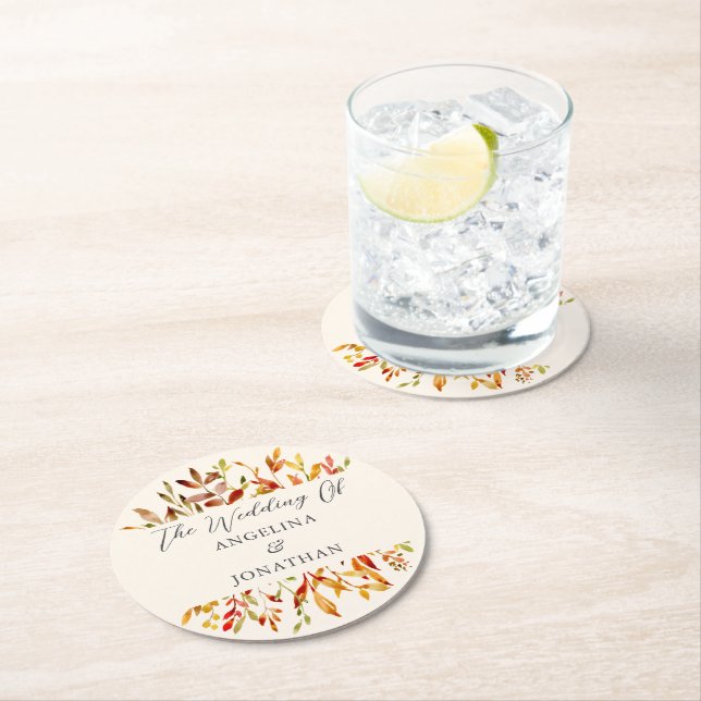 Elegant Watercolor Autumn Leaves Custom Wedding Round Paper Coaster (Insitu)