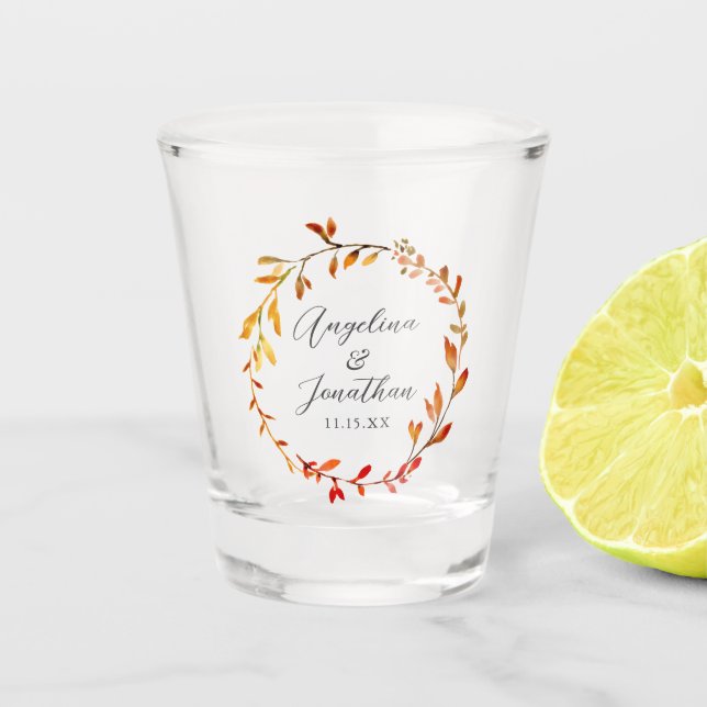 Elegant Watercolor Autumn Leaves Custom Wedding Shot Glass (Front)
