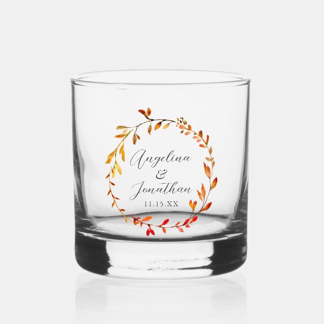 Elegant Watercolor Autumn Leaves Custom Wedding Whiskey Glass (Front)