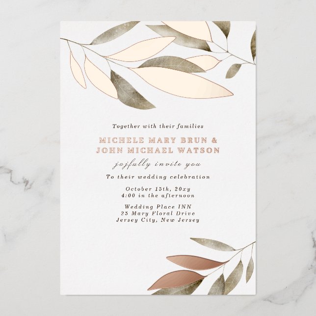 Elegant Watercolor Autumn Leaves Wedding Rose Gold (Front)