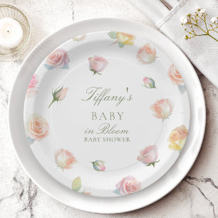 Elegant Watercolor Baby In Bloom Girl Baby Shower Paper Plate