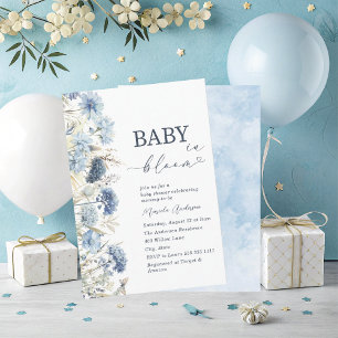Elegant Watercolor Baby in Blooom blue flowers B Invitation