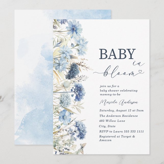 Elegant Watercolor Baby in Blooom blue flowers   B Invitation (Front/Back)