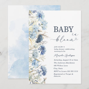 Elegant Watercolor Baby in Blooom blue flowers   B Invitation