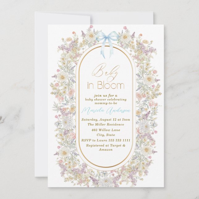 Elegant Watercolor Baby in Blooom Pink flowers   B Invitation (Front)