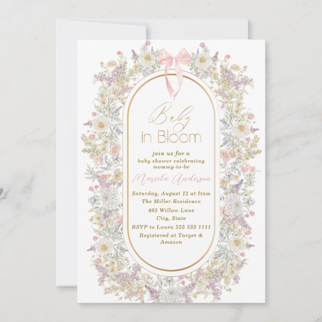 Elegant Watercolor Baby in Blooom Pink flowers   B Invitation (Front)