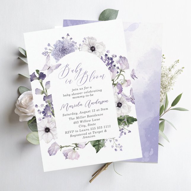 Elegant Watercolor Baby in Blooom Purple flowers   Invitation (Creator Uploaded)