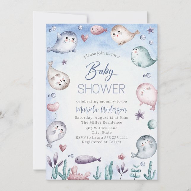 Elegant Watercolor Baby Seal Baby Shower Invitation (Front)
