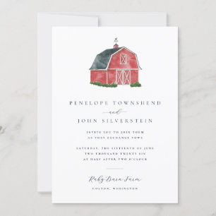 Elegant Watercolor Barn Illustration Wedding Invitation