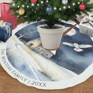 Elegant Watercolor Barn Owl Snow Scene Christmas Brushed Polyester Tree Skirt