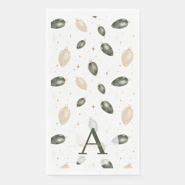 Elegant Watercolor Baubles Monogrammed Christmas Napkin (Front)