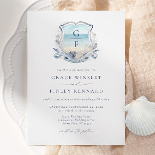 Elegant Watercolor Beach Monogram Wedding Crest Invitation