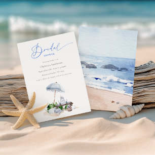 Elegant Watercolor Beach Picnic Blue Bridal Shower Invitation