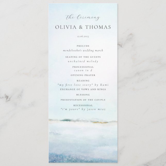 Elegant Watercolor Beach Waves Coastal Wedding Programme (Front)
