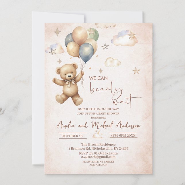 Elegant Watercolor Bear Teddy baby shower Invitation (Front)