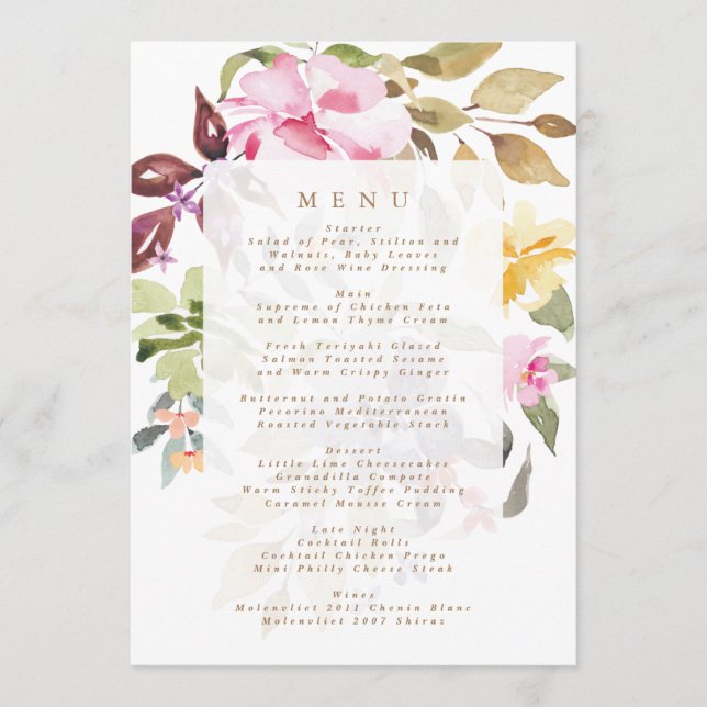 Elegant Watercolor Beautiful Wedding Menu (Front)