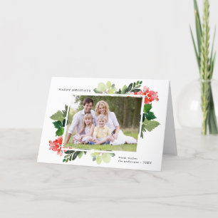 Elegant Watercolor Berries Greenery Frame Photo Holiday Card